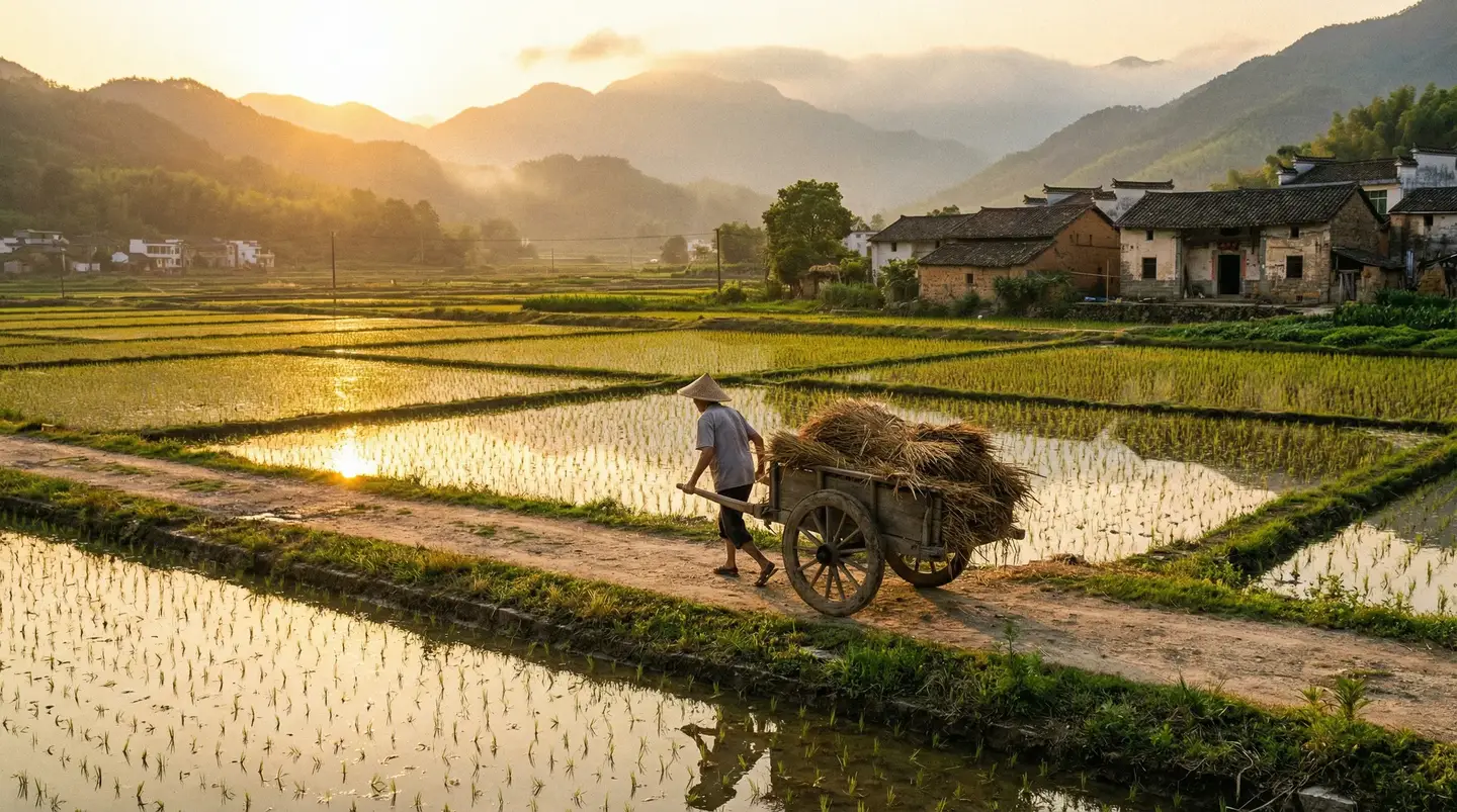 7723日本电影免费观看完整版 - 金色夕阳下的乡村田野，老农推着木车行走在田埂上